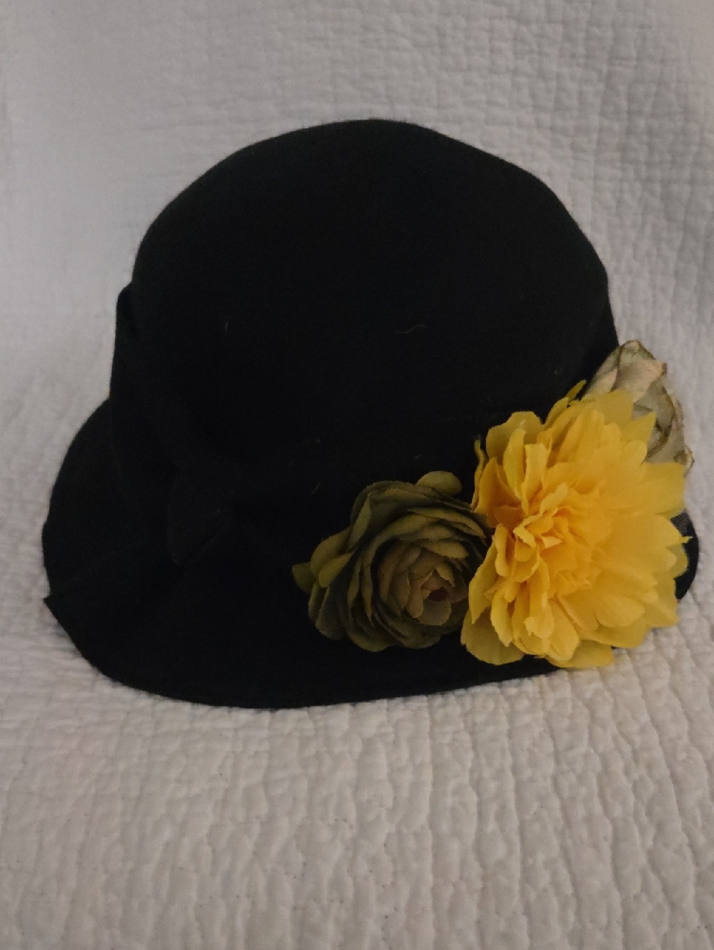CJ Banks Black Cloche Hat with Yellow Floral Detail